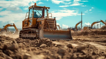 Bulldozer in action moving earth on a busy construction site