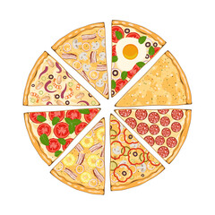 Top view of slices of traditional italian pizza with assorted toppings isolated on white background