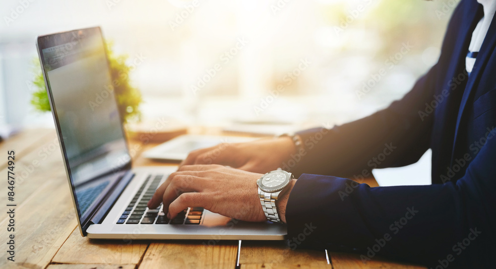 Aufkleber hands, laptop and typing in office at desk for crypto, trading on stock market with financial. compu