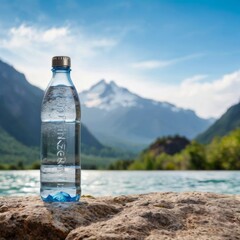 a bottle of water on the background of mountains and a river. AI generated
