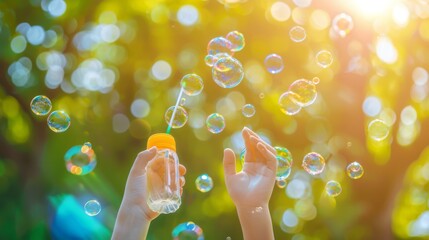 Hands holding a bottle of bubble solution and a bubble wand, ready for outdoor fun on a sunny day.