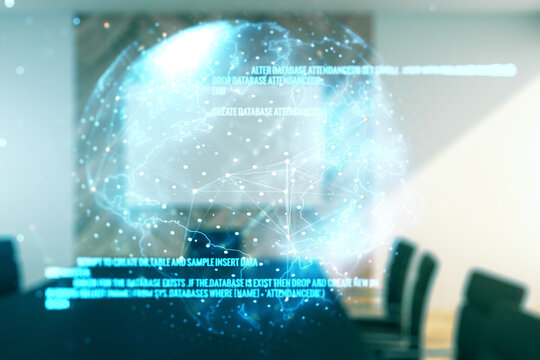 Multi exposure of abstract programming language hologram and world map on a modern furnished office interior background, artificial intelligence and neural networks concept