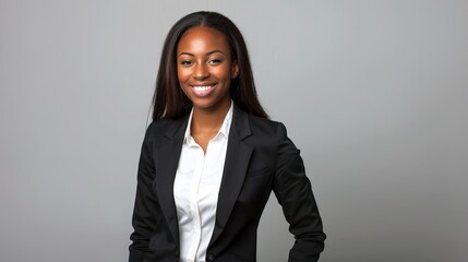 Professional woman in a black blazer and white shirt smiling against a plain background. Formal attire example. Business headshot or corporate profile photo for professional use. AI