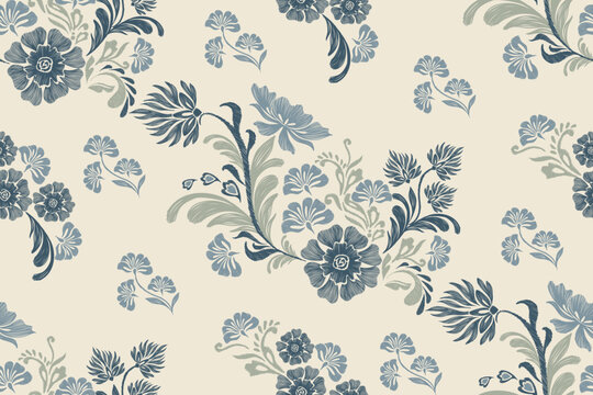Tapestry floral pattern vintage ethnic modern embroidery texture boho design vector illustration hand drawn flower motif branches leaves wallpaper seamless background border.