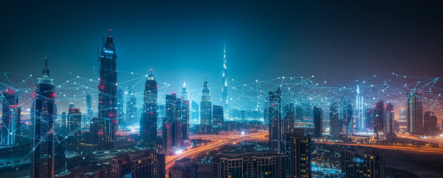 Futuristic cityscape with digital network connections