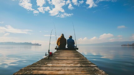 Back view of man and senior father enjoying freshwater fishing while relaxing on the pier.
