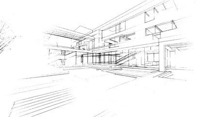 distressed sketch of houses on a white background. architectural sketch of a house. Vector Linear architectural sketch modern detached house