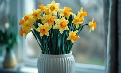 A Vase of Yellow Flowers Sitting on a Windowsill"