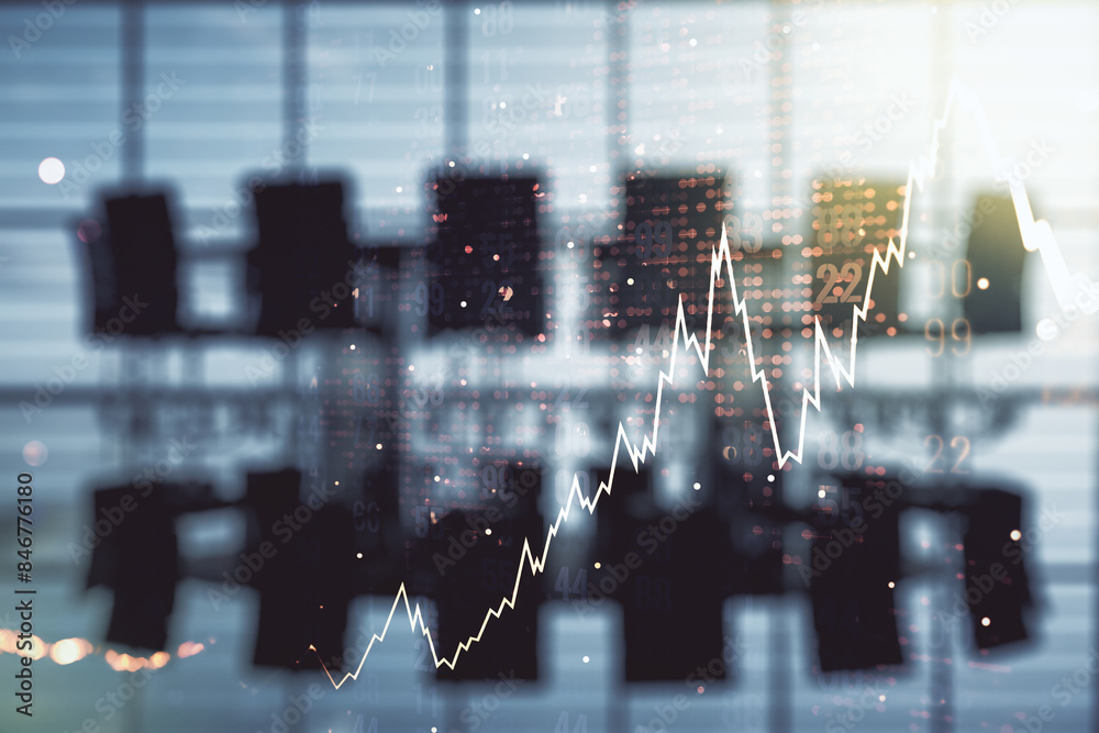 Poster multi exposure of virtual abstract financial chart hologram and world map on a modern meeting room b
