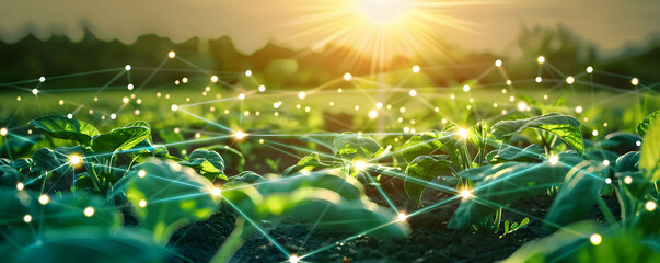 Smart agriculture technology concept, using modern technology and big data to increase efficiency and productivity, a field of crops or farm with grid line digital connection