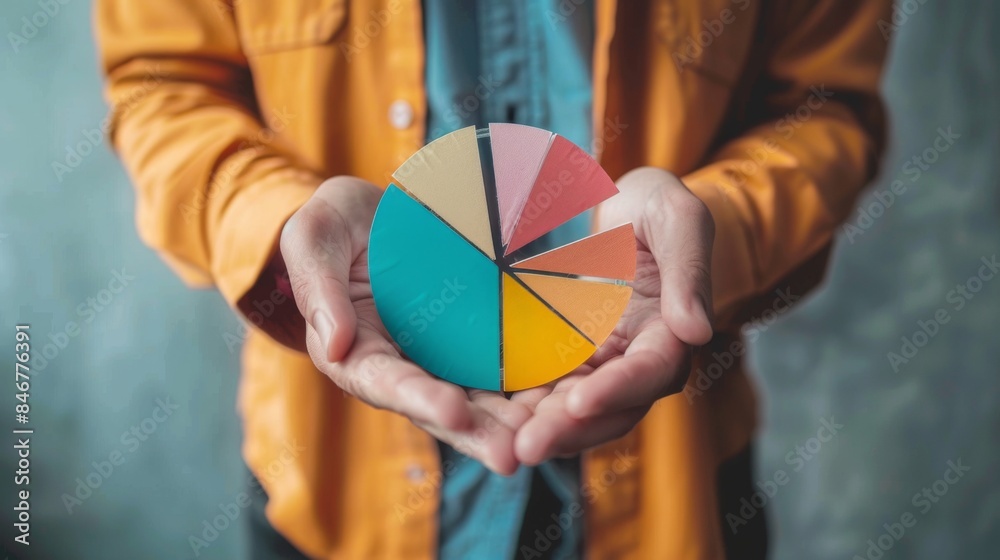 Poster Marketing manager presenting audience segmentation data using a pie chart infographic.