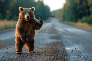 Obraz premium A brown bear is standing on a road and giving a thumbs up