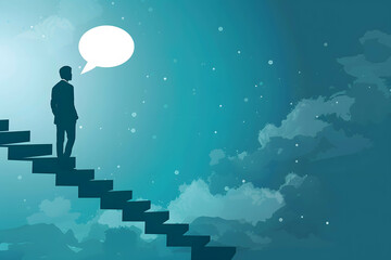 A professional with a thought bubble and a staircase to success, highlighting the importance of questioning in achieving goals