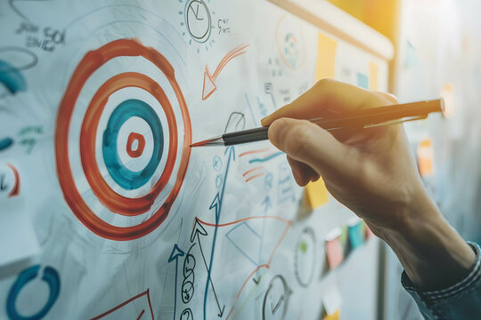 Setting life goals concept, a person writing questions on a whiteboard with a target symbol, highlighting the connection between inquiry and goal setting
