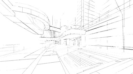 Distressed sketch of building with dust on isolated background. Architectural sketch of a house. linear sketch modern building on light gray background