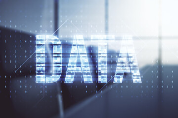 Naklejka premium Virtual Data word sign hologram on a modern conference room background. Multiexposure