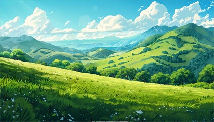 Vibrant Cartoon Illustration of Rolling Hills and Green Fields Under Clear Blue Sky, Depth and Dimension with Soft Shadows