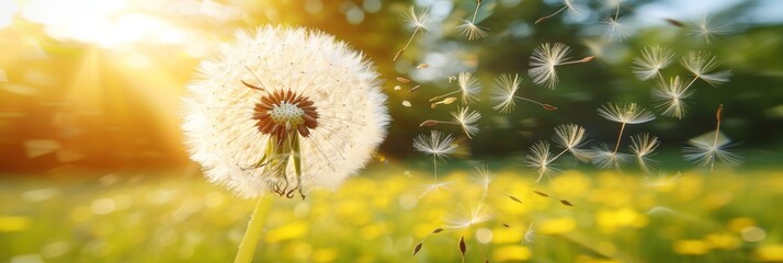 Dandelion seeds floating in air on soft blue background with beautiful bokeh effects