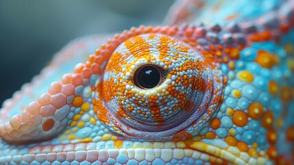 Fototapeta premium Close-up of colorful chameleon eye and skin. Exotic pet and wildlife concept. Design for nature publications, animal posters, and reptile-themed projects.