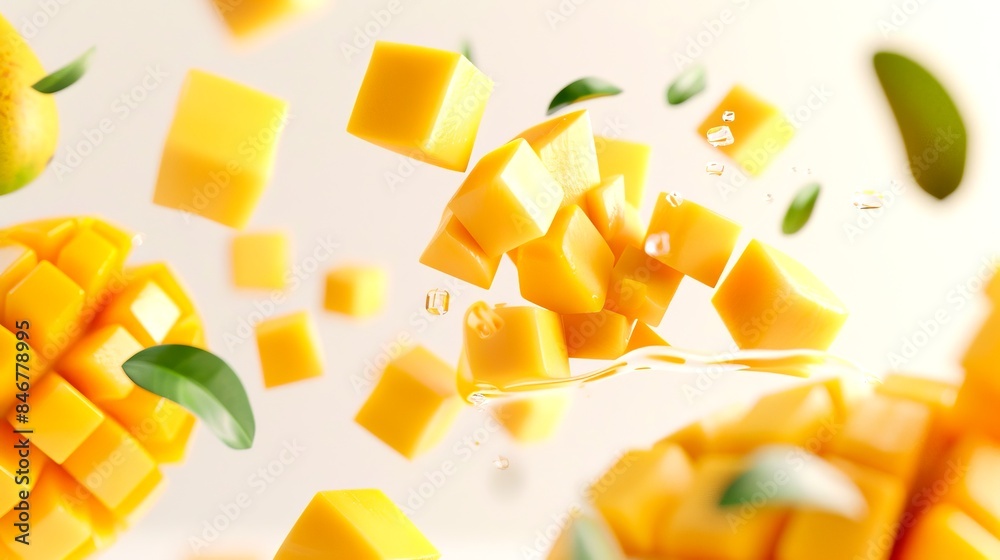 Sticker Vibrant cubes of ripe mango and green leaves in motion. Modern, fresh and dynamic food design. Perfect for summer-themed backgrounds or tropical salad recipes. This image is AI-generated. AI