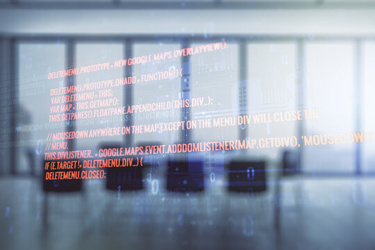 Double exposure of abstract programming language interface on a modern meeting room background, research and development concept