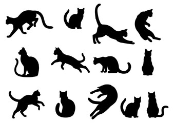 Vector illustration. Large set of cat silhouettes for printing. Sticker template.