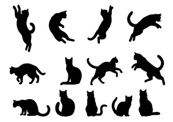 Vector illustration. Large set of cat silhouettes for printing. Sticker template.