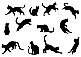 Vector illustration. Large set of cat silhouettes for printing. Sticker template.