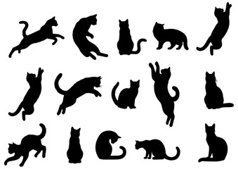 Vector illustration. Large set of cat silhouettes for printing. Sticker template.