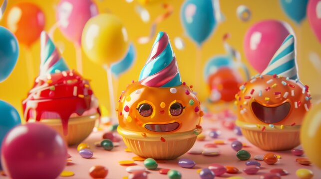 Smiling candy mascots with party hats, ready to celebrate special occasions with sweetness and joy.