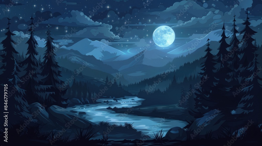 Sticker Dark forest at night with a river and mountains under a moonlit sky