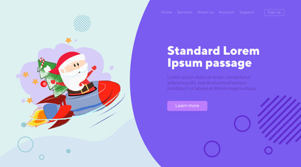 Cartoon Santa flying on rocket. Santa Claus with fir tree sitting on rocket on background with stars. Christmas, holiday, festival concept can be used for website design, landing page or banner