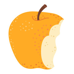 Yellow juicy bitten apple. Apple eaten cartoon image art. Hand drawn trendy flat style isolated on transparent background. Healthy vegetarian snack, bitten apple for design. Vector illustration