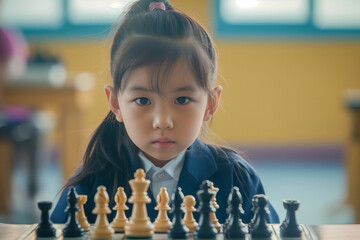 A young girl with a ponytail playing chess in a classroom, looking intently at the chessboard with a determined expression..