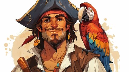 A cartoon pirate with a parrot on his shoulder on a transparent background