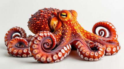 Obraz premium Close-Up Photograph of a Red Octopus with Visible Eyes and Eight Spread-Out Tentacles Against a White Background, Centered and Clear with Sharp Focus