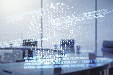 Abstract virtual code skull hologram on a modern coworking room background, cybercrime and hacking concept. Multiexposure