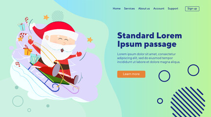 Cheerful Santa sledding with gifts. Christmas gift delivery concept. Vector illustration can be used for banner design, festive poster, landing page
