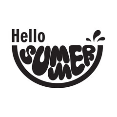 hello summer lettering in watermelon slice, black shape vector illustration isolated on white background, hand drawn design element for logo, print or cut