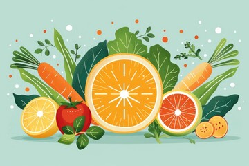 Illustration of various fruits such as watermelons and oranges