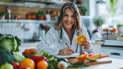 Female doctor in a kitchen holding a fruit and writing in a book. She is surrounded by various vegetables and fruits. Bright and modern style. Conceptualizing healthy food choices and nutrition. AI