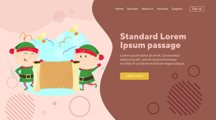 Christmas elves showing big scroll. Invitation, cartoon character, helper. Can be used for website or landing page design. Holiday, party, advertisement concept