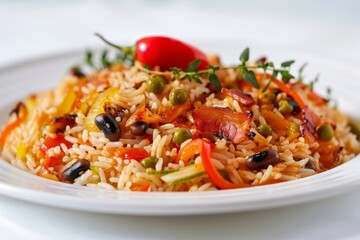 Bahamian Delicacy: Vibrant Peas and Rice with Aromatic Sauteed Vegetables and Crispy Bacon