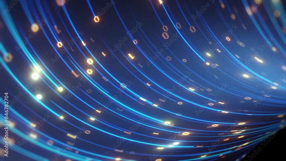 Poster big data concept. abstract dark blue orange fast moving binary computer data. high speed motion, art