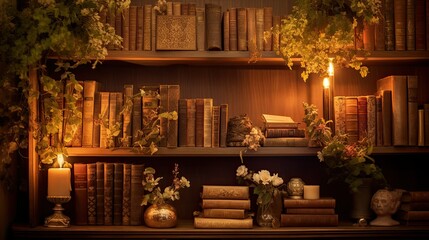 Vintage bookshelf in warm ambient light