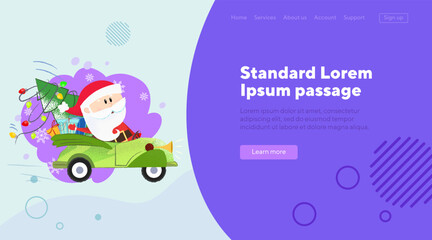 Cute Santa Claus driving car with decorated fir-tree. Christmas design element. Holiday concept can be used for banner design or landing page