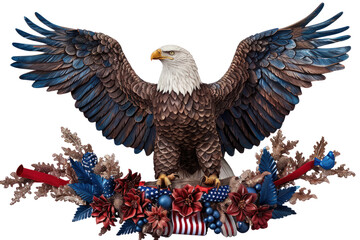 Obraz premium Large Eagle Is Perched On A Wreath Of Red, White, And Blue Flowers, Independence Day, 3D Render, Illustrations, Isolated On A Transparent Background. 