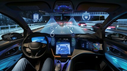 Cutting-edge interior view of an automatic drive vehicle featuring advanced technology and safety features including handsfree controls, touchsets, holographic displays on the windshield, AI elements