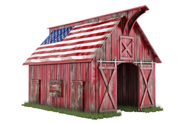 Red Barn With A Flag On The Roof, Independence Day, 3D Render, Illustrations, Isolated On A Transparent Background.	