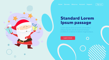Dancing Santa vector illustration. Santa dancing and holding gift boxes. Christmas, holiday, festival, concept can be used for website design, banner or landing page